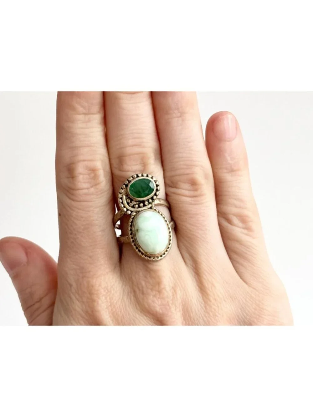 Arya Modernist Larimar & Green Emerald Sterling Silver 925 Vintage Ring - sz 8